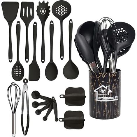 18 Ustensiles de Cuisine,Ustensiles de Cuisine en Silicone,Ensemble de Poêles Antiadhésives Résistantes à La Chaleur Haute Température avec Pot de Stockage. (Noir) (1/5)