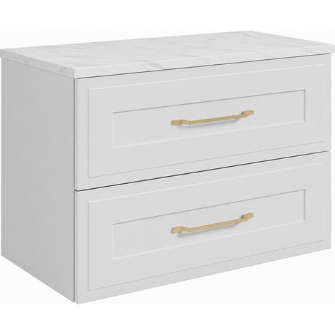 Meuble de salle de bain suspendu 80 cm à tiroirs, coloris blanc + plan de travail marbre Bianco, poignées coloris or, 80 x 46 x 58,6 cm (1/5)