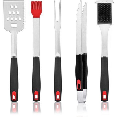 Accesorios para barbacoa, juego de 5 utensilios de acero inoxidable para barbacoa al aire libre, resistentes y aptos para lavavajillas, resistentes al calor (1/5)