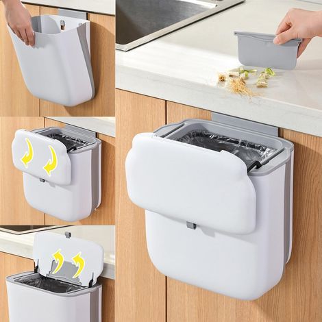 Poubelle Murale, 9L Suspendue avec Couvercle, Pliante pour Camping, Suspendue pour Compost et Cuisine (1/5)