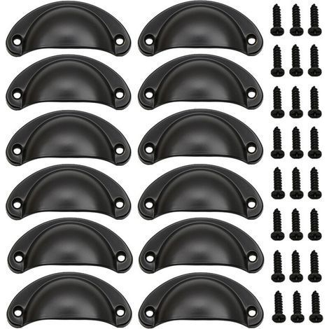 (Negro) Paquete de 12 manijas de concha vintage, manijas de puerta de hierro vintage con tornillos para muebles, aparadores y gabinetes de cocina (1/5)