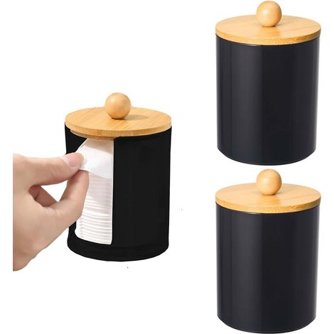 3pcs Rangement Coton Tige, Boite Acrylique Noir, Couvercle Bois, Pour Salle Bain Coiffeuse (1/5)