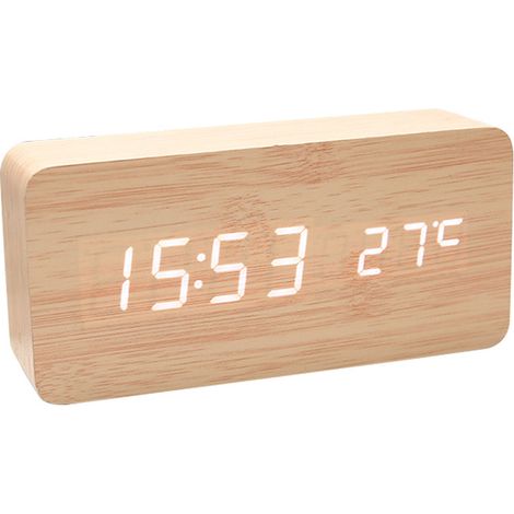 Horloge en bois silencieux commande vocale calendrier perpétuel LED réveil bois