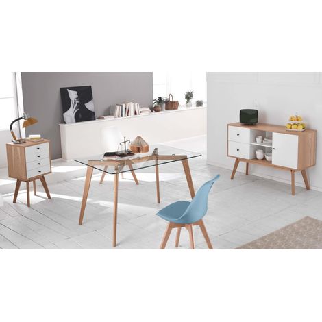 Sedia Carlotta con seduta imbottita in similpelle azzurra e gambe in legno di faggio - Design moderno per zona living e ufficio (1/2)
