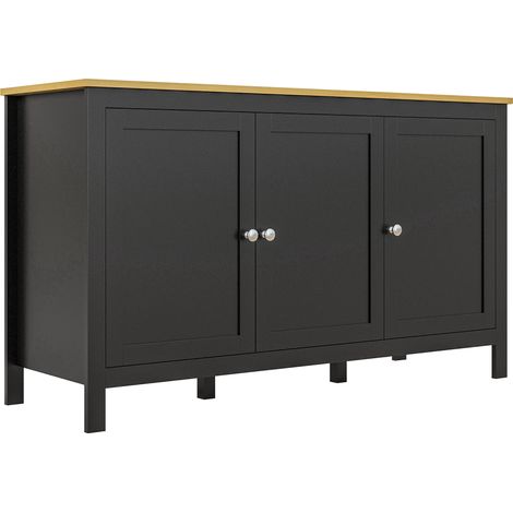 Buffet meuble rangement 3 portes 2 étagères réglables aspect bois clair noir 120x40x70 cm