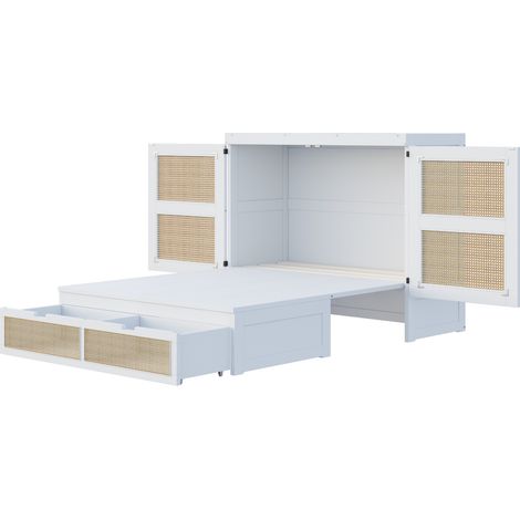 Lit escamotable 140 x 200 cm avec tiroirs de rangement, blanc, design rotin (1/5)