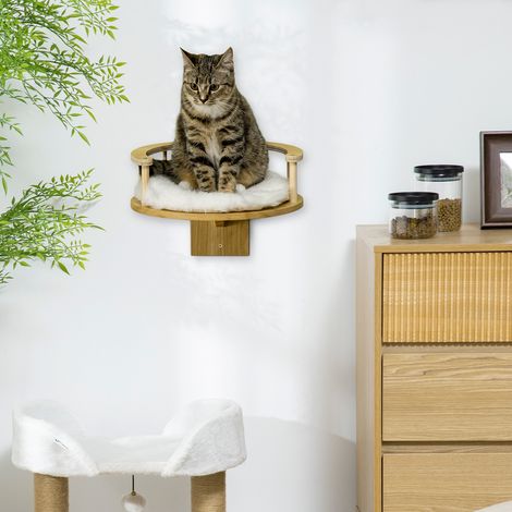 Cuccia per gatti da parete PawHut con bordo protettivo e cuscino, rovere e bianco crema, 34 x 34 x 10,5 cm