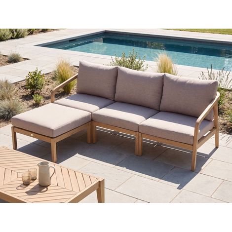 Sofá de exterior con otomana de madera de acacia de 3 plazas con cojines beige de asiento y respaldo marrón claro Rivello (1/5)