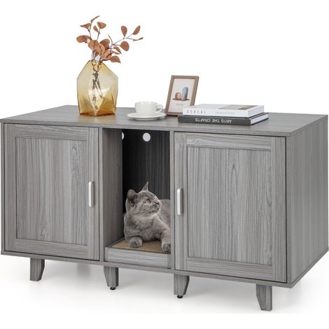 Meuble cache-litière pour chat couleur chêne en bois avec 2 portes, entrée sinueuse et griffoir pour salon, chambre et couloir (1/5)