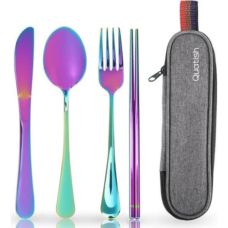 Couverts Lunch Box, Portable Boite a Couvert Pour Le Travail, Set de Couvert Camping Réutilisable en Acier Inoxydable, Cuillère et (1/4)