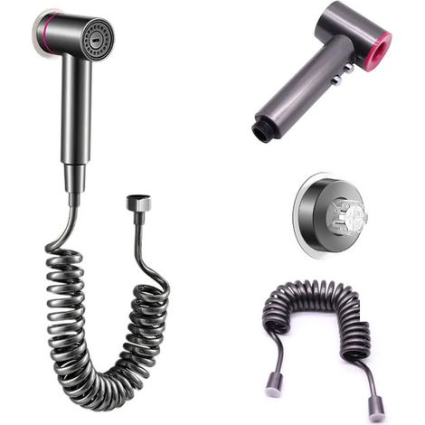 Kit de descarga manual para inodoro, pistola de descarga de alta presión, cuerpo de la pistola + base + manguera telescópica de 3 metros, gris (1/4)