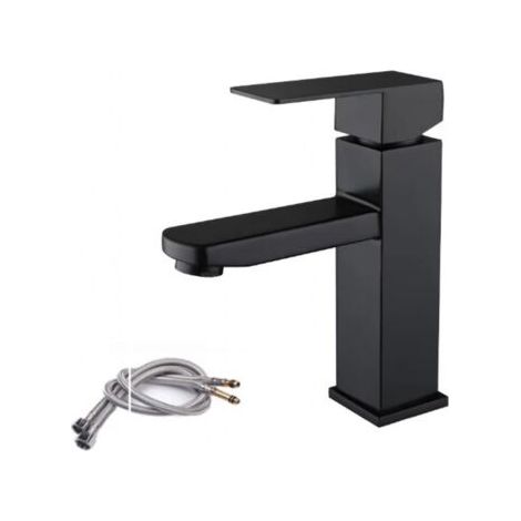 Black stainless steel basin mixer tap, single lever, hot and cold water with included hoses, black basin tap, black bathroom mixer tap (1/5)