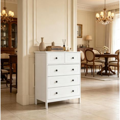 Commode à 5 tiroirs blanche en MDF et panneau de particules, 74 x 40 x 91 cm, OKWISH (1/5)