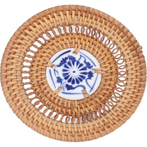 Dessous de verre rond en porcelaine bleue et blanche, tressé en rotin, idéal pour les tasses à basilic, 10 cm / 3,9 pouces (1/5)