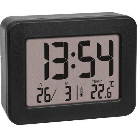Mini sveglia digitale, alimentata a batteria, con allarme forte, temperatura ambiente, data, orologio al quarzo, sveglia da viaggio, nera (1/5)