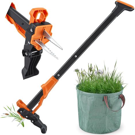 Désherbeur Manuel et Extracteur de Mauvaises Herbes avec sac de jardin de 50l, Longueur 100cm, 4 Griffes arrache-Racines en Acier en Outil de Désherbage Longue Manche pour Enlever Mauvaises Herbes