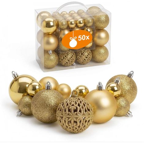 Kunststoff Christbaumkugel Set 50-teilig bruchsicher - gold - Design Weihnachtskugeln inklusive Metall Haken