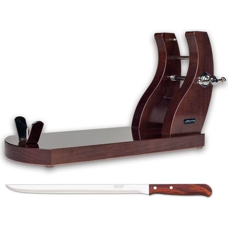 Juego jamonero con soporte y cuchillo, Arcos, Set Jamonero con base estable para sujetar la pieza y hoja larga para realizar cortes limpios, finos y muy precisos, color negro. (1/3)