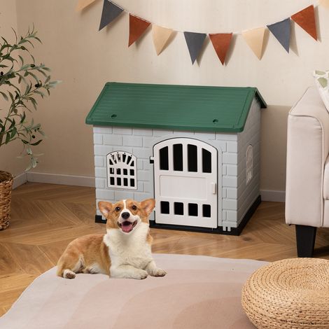 Niche Etanche pour Chien avec Porte Verrouillable, 75 x 58 x 65 cm, Cage Abri Pliable en PP, pour Lapins, Chiots, Chats, Intérieur Extérieur, Vert (1/5)