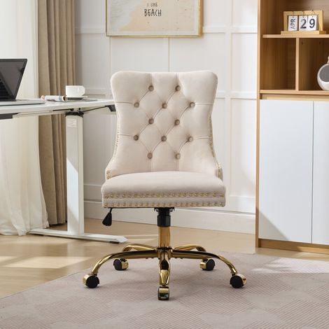 Stuhl Samt Beige mit Zierknöpfen und Metallgestell OKMYHOME (1/5)