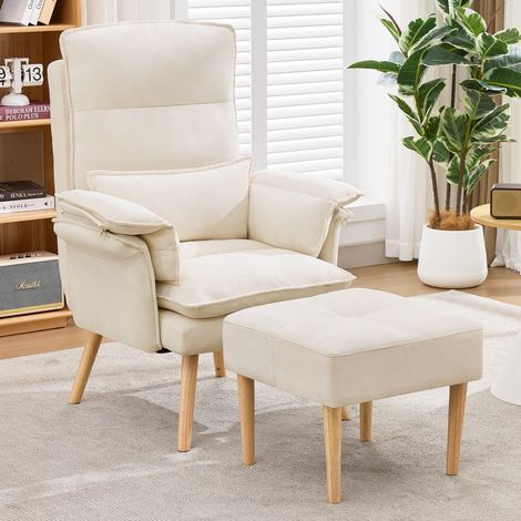 Sillón Relax con Reposapiés, Respaldo de 5 Posiciones, Cojín de Apoyo, en Lino, Beige (1/5)