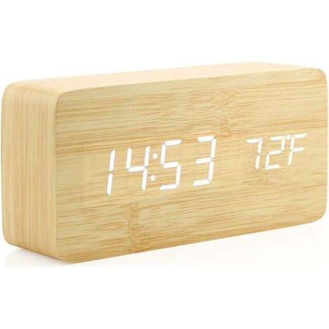 Horloge en Bois Réveil numérique en Bois créatif Réveil LED Multifonctionnel élégant avec Alimentation USB Commande vocale - Bois de Bambou (1/5)
