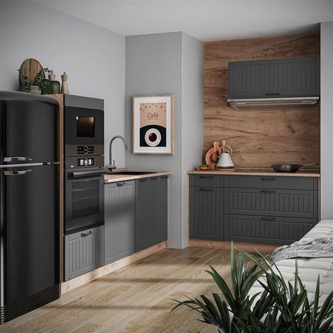 Cocina Fame-Line, Gris oscuro/Roble dorado, 340 cm, ET Roble, Vicco (1/5)