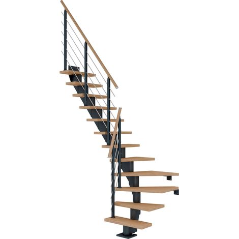 Dolle Mittelholmtreppe Frankfurt 1/4 gewendelt Eiche weiß, geölt 65 cm breit für GH 240 – 279 cm UK Metall Anthrazit mit Geländer