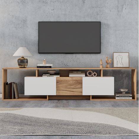 Meuble TV blanc et bois naturel 180 cm, 3 portes et 3 niches de rangement, style nordique (1/5)
