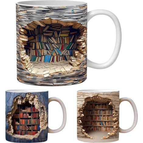 Set de trois tasses bibliothèque 3D onze onces effet livre pour lecteur et amateur de littérature cadeau original (1/5)