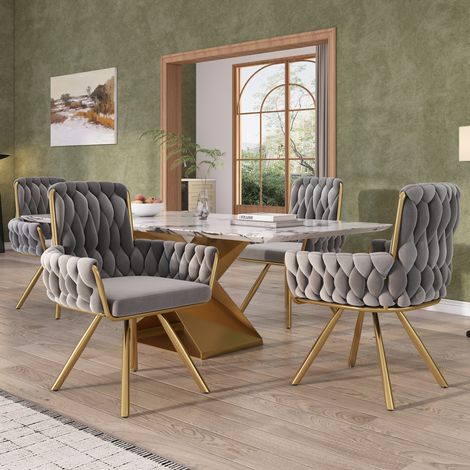 Drehbarer Esszimmerstuhl aus grauem Samt, 4er-Set, Metallgestell, modern,63×50×87cm (1/5)