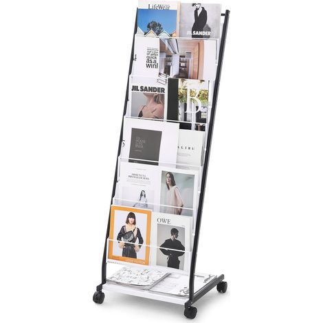 Présentoir à Brochures 6 Niveaux, Porte-Brochures sur Pied avec 4 Roulettes (2 Verrouillables), Porte-Revue Cartes de Vœux, Magazines, Journaux, pour Magasin Bureau Salon Foire Exposition (1/5)