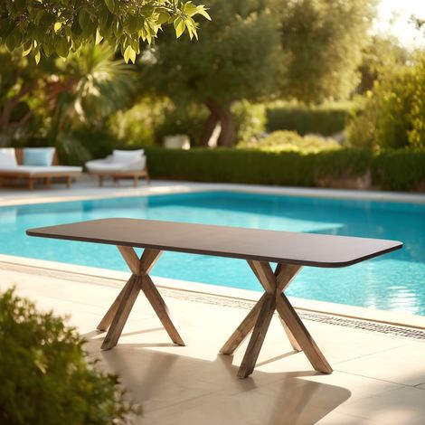 NESTOR - Table à manger 240x100cm effet béton marron pieds en bois d'acacia