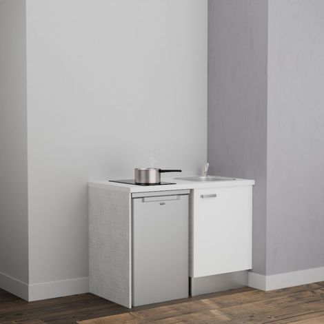 Kitchenette K08L-PT - 120 cm avec plan de travail et évier - Façade Blanc - Plan Blanc - Crédences Non