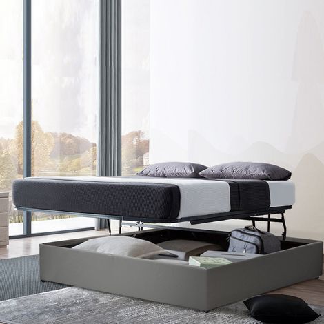 Lit coffre à ouverture horizontale et frontale - 140 x 190 cm - Simili cuir Gris (1/5)