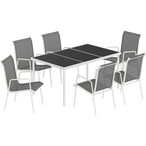 Set 7 Pezzi Pranzo da Giardino con Tavolo Rettangolare 150x90x72 cm e 6 Sedie Impilabili in Metallo e Texteline Grigio (1/5)
