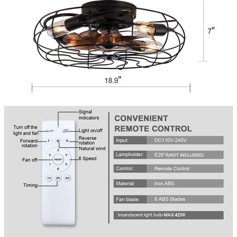 Ventilateur plafonnier extra-plat 48 cm avec lumière LED, moteur silencieux réversible 6 vitesses, modèle industriel encastrable noir, télécommande incluse, design rustique adapté aux pièces compactes (1/5)