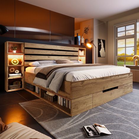 letto contenitore 180x200 LED USB cassetti rovere OKMYHOME (1/5)
