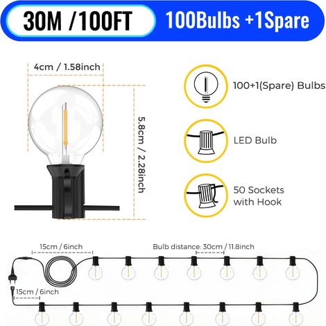 (30 m, 100 ampoules) Guirlande lumineuse féérique d'extérieur G40, lumière blanche chaude, convient aux jardins, mariages, fêtes et autres occasions. (1/5)