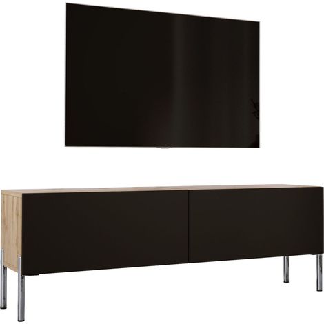 Meuble TV : Chêne Wotan / Noir Mat, pieds Chrome, 140 x 52 x 32 cm (1/5)