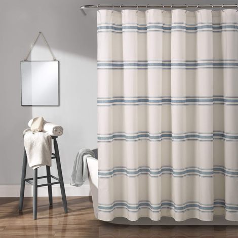 Rideau de Douche en Coton à Rayures de Style Ferme, 183 x 183 cm (l x L), Bleu – Décoration de Salle de Bain Classique Moderne et Rustique (1/5)