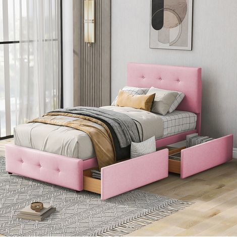 Bettgestell 90x200 cm rosa aus Samt mit Schublade und Lattenrost (1/5)