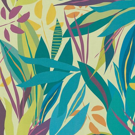 Grafik Tapete Profhome 782092 heißgeprägte Vliestapete glatt mit floralen Ornamenten matt grün türkis-blau violett orange-gelb 5,33 m2