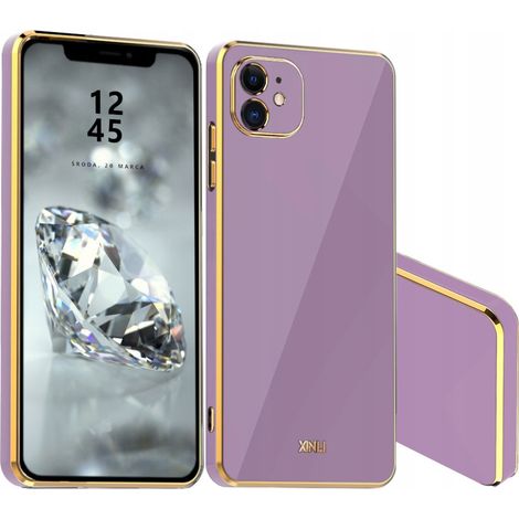 Coque arrière glamour pour iPhone 11, cadre doré violet et verre trempé. (1/5)