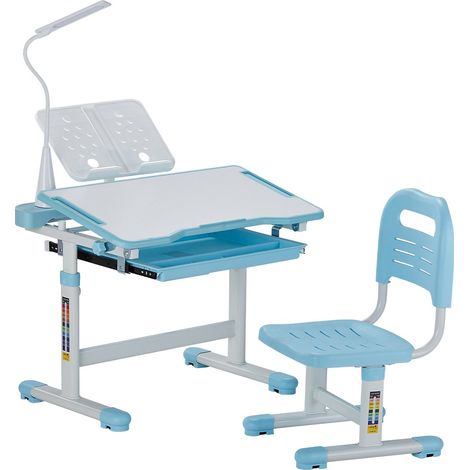 Ensemble chaise et bureau pour enfants avec lampe de table, table et chaise d'étude, hauteur réglable et inclinés de 0 à 40°, pour lecture, apprentissage, pour chambre et salle d'étude, bleu (1/5)