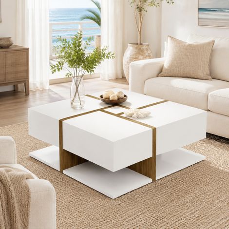Tavolino da salotto quadrato 78x78x34,8 cm in legno bianco con contenitore FLORAGRACE (1/5)