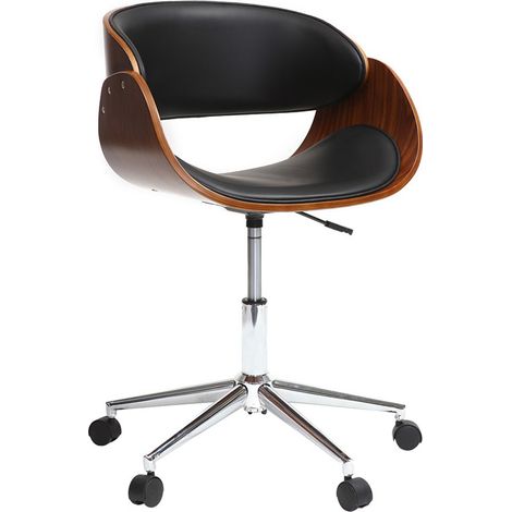 Chaise de bureau à roulettes design noir, bois foncé noyer et acier chromé BENT (1/5)