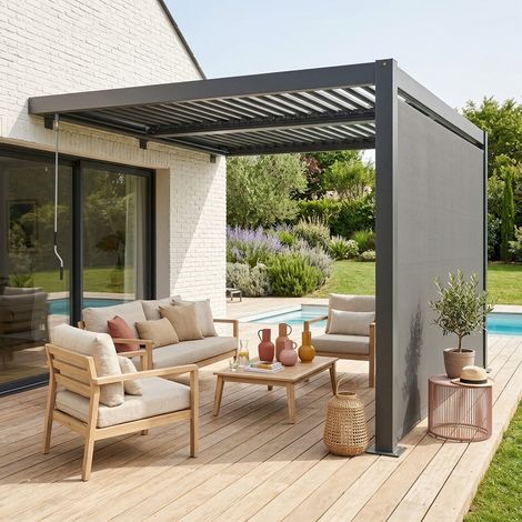 Pergola bioclimatique aluminium adossée 3x3m anthracite + auvent 3m Palace (1/5)