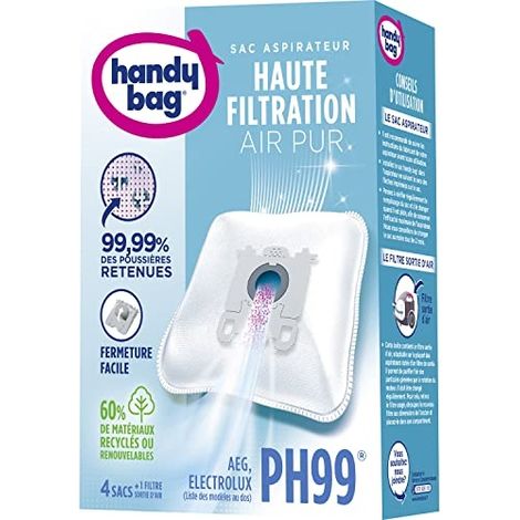 HANDY BAG - PH99 - SAC POUR ASPIRATEUR AEG ET ELECTROLUX - HAUTE FILTRATION- LOT DE 4 SACS ET 1 FILTRE SORTIE D'AIR À DÉCOUPER