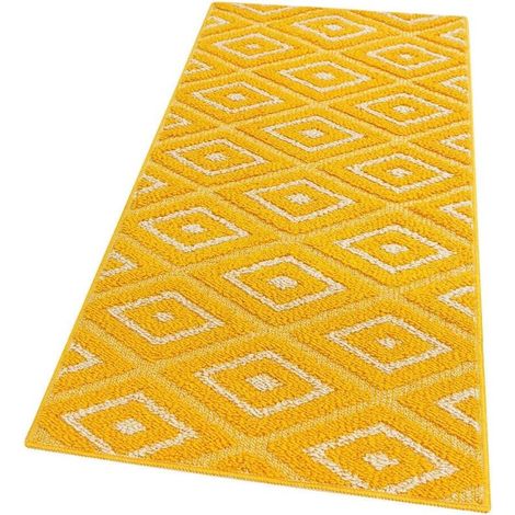 Tapis de Cuisine Doux Bordé Moderne Coureur Antidérapant Losanges 3D Jaune - 50X115 Cm (1/4)